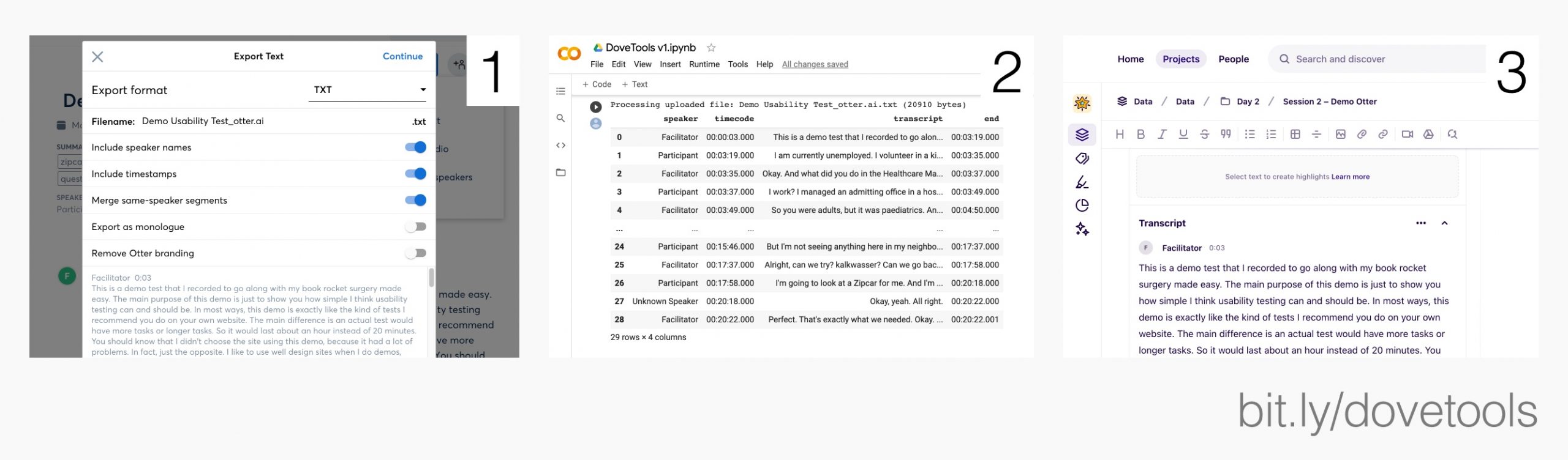 Workflow of exporting an Otter transcript, converting it using DoveTools, and uploading it to Dovetail